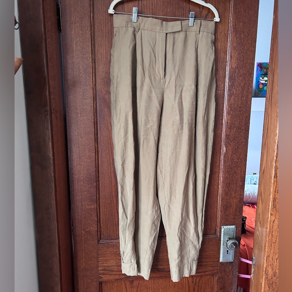Mango high-waisted, tapered pleated tan pants with button detail - size 8